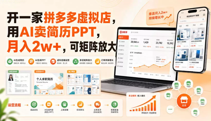 开一家拼多多虚拟店，用AI卖简历PPT，月入2w+，可矩阵放大【揭秘】-179创客网