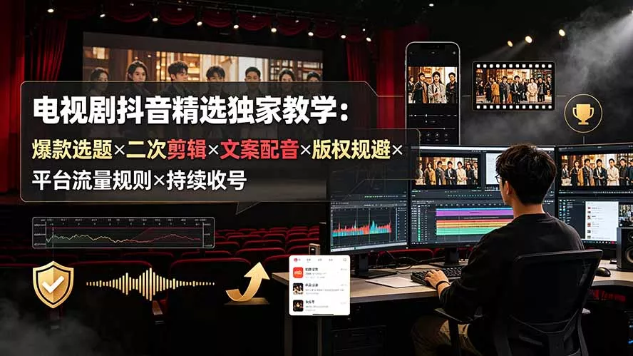 电视剧抖音精选独家教学：爆款选题×二次剪辑×文案配音×版权规避×平台流量规则×持续收益账号-179创客网