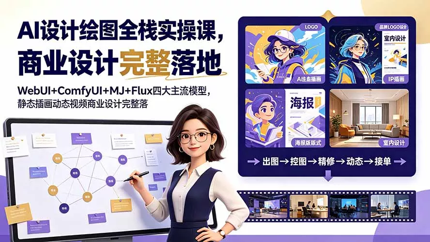 AI设计绘图全栈实操课，WebUI+ComfyUI+MJ+Flux四大主流模型，静态插画动态视频商业设计完整落地教程-179创客网