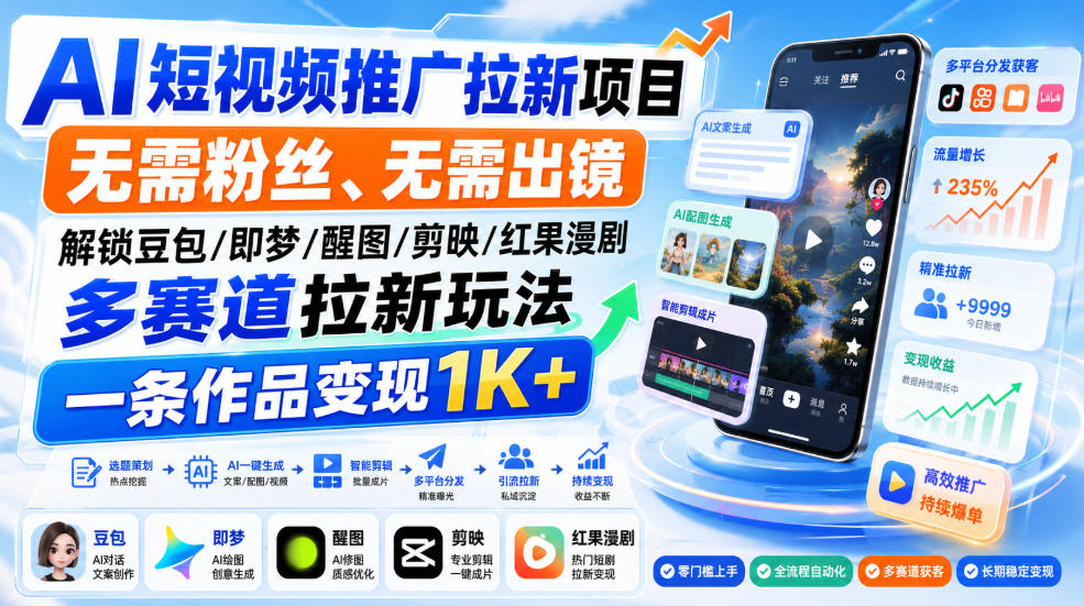 AI短视频推广拉新项目，无需粉丝、无需出镜，解锁豆包/即梦/醒图/剪映/红果漫剧多赛道拉新玩法，一条作品变现1K+-179创客网