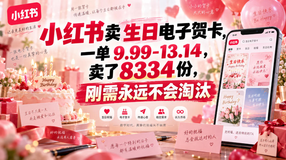 小红书卖生日电子贺卡，一单9.99-13.14，卖了8334份，刚需永远不会淘汰-179创客网
