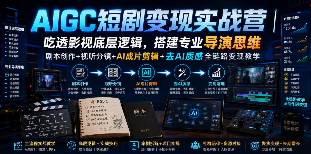 AIGC短剧变现实战营｜吃透影视底层逻辑，搭建专业导演思维，剧本创作+视听分镜+AI成片剪辑+去AI质感全链路变现教学-179创客网