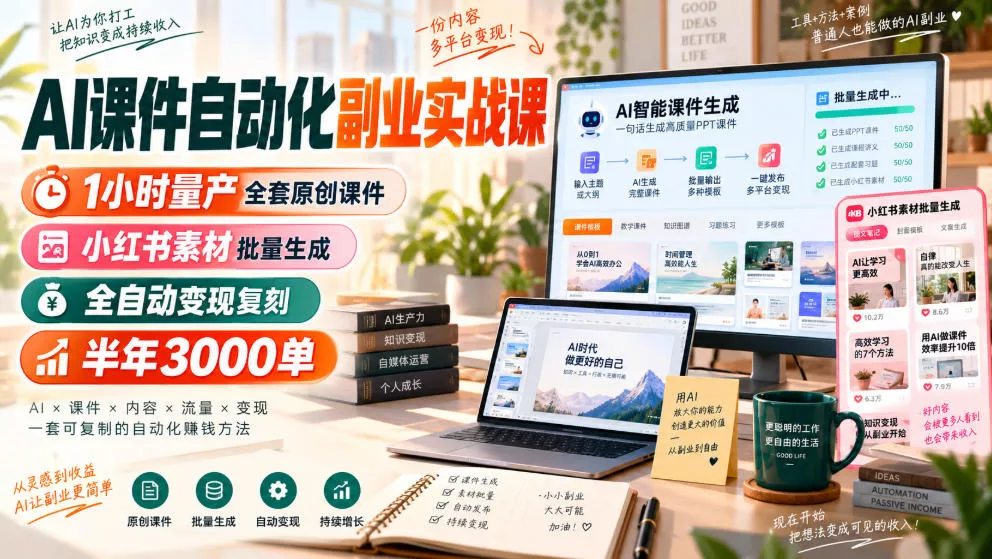 AI课件自动化副业实战课，1小时量产全套原创课件，小红书素材批量生成，全自动变现复刻，半年3000单-179创客网