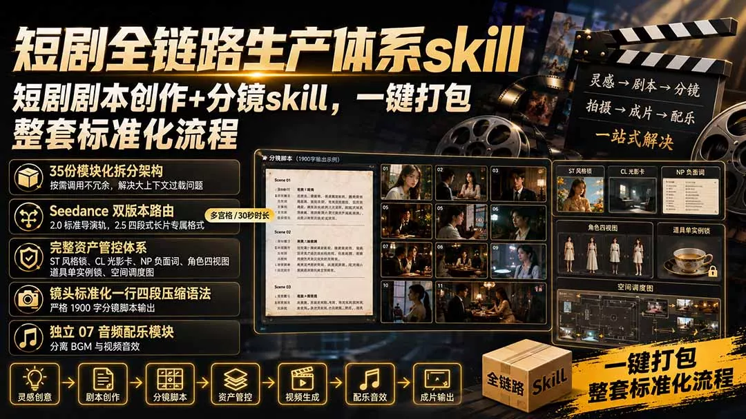短剧全链路生产体系skill，短剧剧本创作+分镜skill，一键打包，整套标准化流程-179创客网