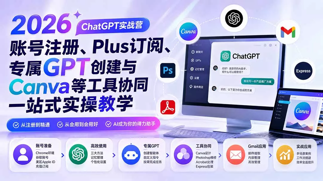 2026 ChatGPT实战营；账号注册、Plus订阅、专属GPT创建与Canva等工具协同一站式实操教学-179创客网