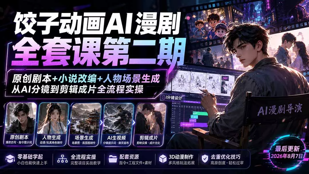 饺子动画AI漫剧全套课第二期：原创剧本+小说改编+人物场景生成，从AI分镜到剪辑成片全流程实操-179创客网