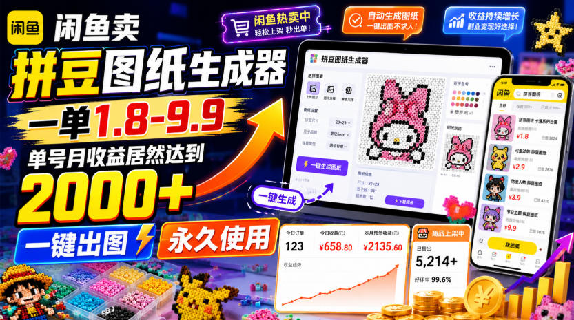 闲鱼卖拼豆图纸生成器，一单1.8-9.9，单号月收益居然达到2000+一键出图永久使用-179创客网