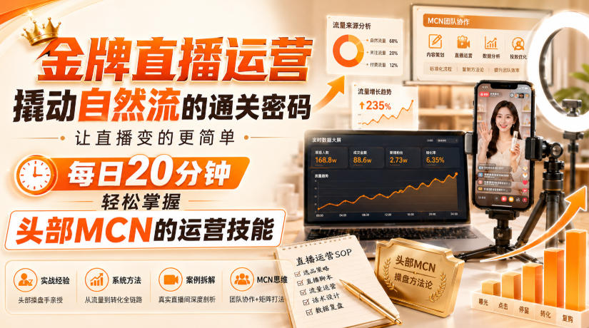 金牌直播运营撬动自然流的通关密码，让直播变的更简单，每日20分钟，轻松掌握头部MCN的运营技能-179创客网