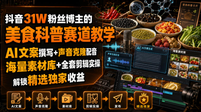 抖音31W粉丝博主的美食科普赛道教学，AI文案撰写+声音克隆配音+剪辑实操，解锁精选独家收益-179创客网