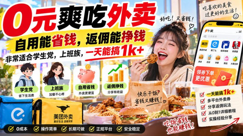 0元爽吃外卖，自用能省钱，返佣能挣钱，非常适合学生党，上班族，一天能搞1k+-179创客网
