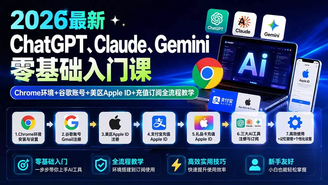 2026最新ChatGPT、Claude、Gemini零基础入门课：Chrome环境+谷歌账号+美区Apple ID+充值订阅全流程教学-179创客网