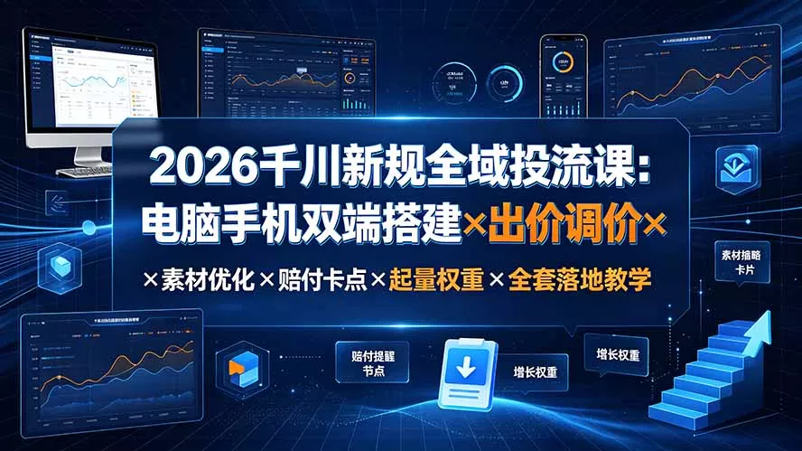 2026千川新规全域投流课：电脑手机双端搭建×出价调价×素材优化×赔付卡点×起量权重×全套落地教学-179创客网