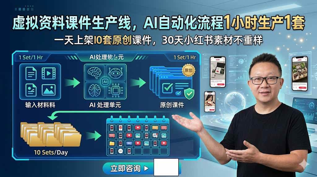 （19091期）虚拟资料课件生产线，AI自动化流程1小时生产1套，一天上架10套原创课件，30天小红书素材不重样-179创客网