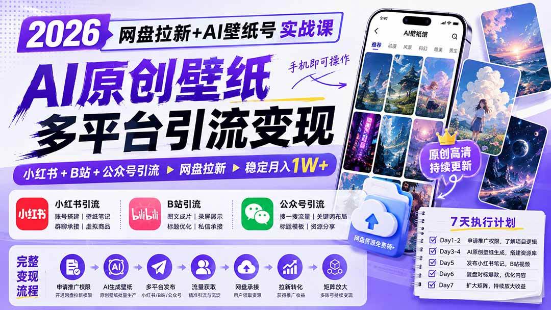 （19732期）2026网盘拉新+AI壁纸号实战课：AI原创壁纸+小红书+B站+公众号引流，手机即可操作，月入1W+-179创客网