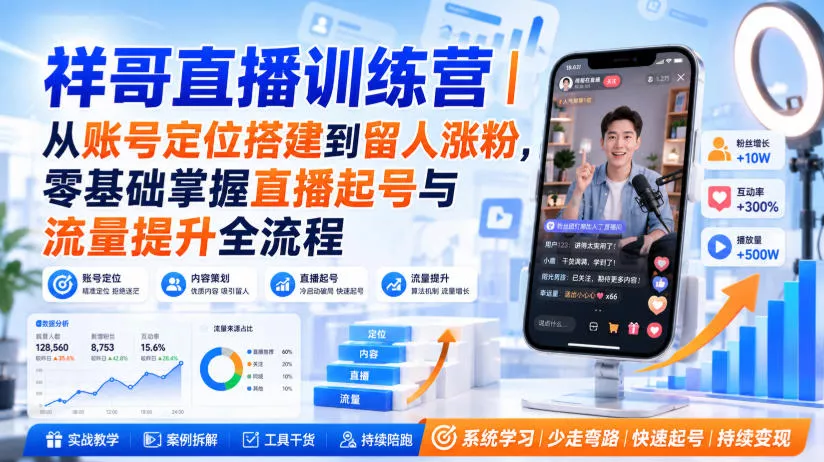 祥哥直播训练营｜从账号定位搭建到留人涨粉，零基础掌握直播起号与流量提升全流程-179创客网