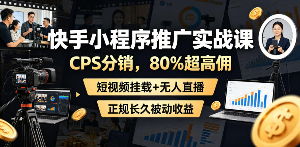 快手小程序推广实战课，CPS分销，80%超高佣，短视频挂载+无人直播，正规长久被动收益-179创客网