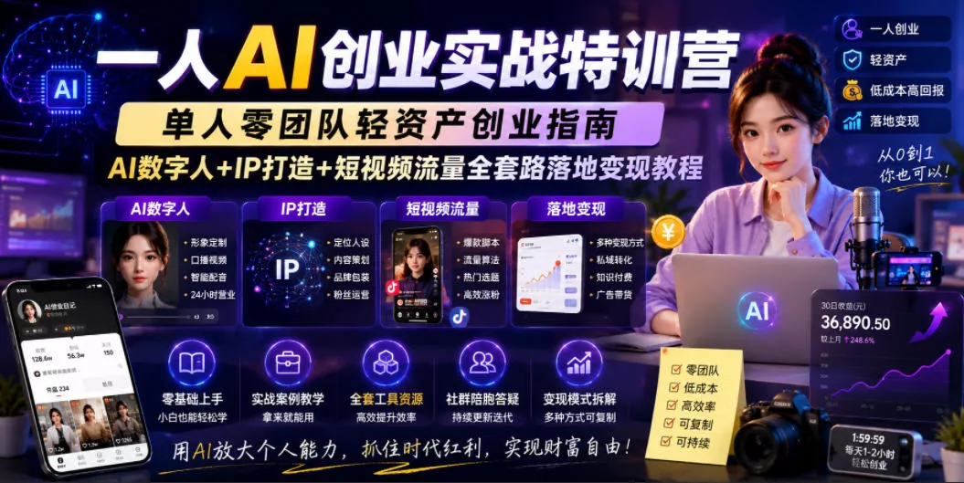 一人AI创业实战特训营，单人零团队轻资产创业指南，AI数字人+IP打造+短视频流量全套路落地变现教程-179创客网