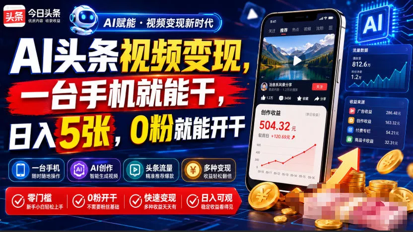 AI头条视频变现，一台手机就能干，日入5张，0粉就能开干-179创客网