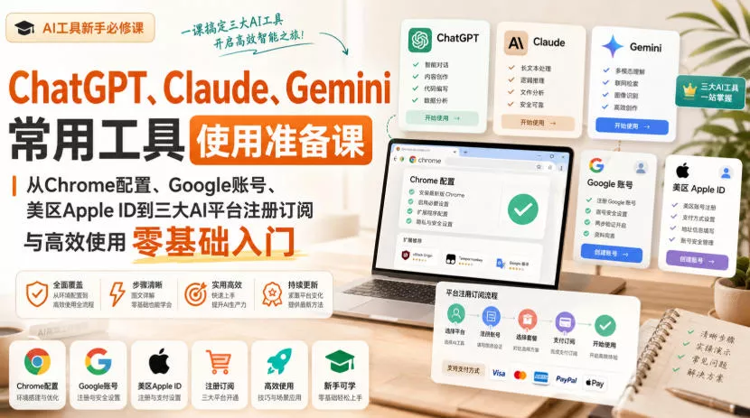 ChatGPT、Claude、Gemini常用工具使用准备课｜从Chrome配置、Google账号、美区Apple ID到三大AI平台注册订阅与高效使用零基础入门-179创客网