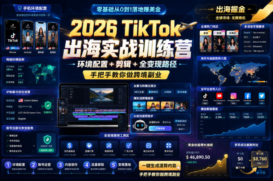 2026 TikTok出海实战训练营，环境配置 + 剪辑 + 全变现路径，手把手教你做跨境副业-179创客网