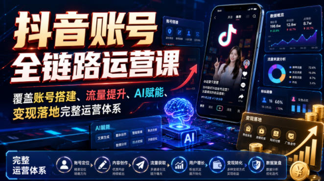 抖音账号全链路运营课，覆盖账号搭建、流量提升、AI赋能、变现落地完整运营体系-179创客网