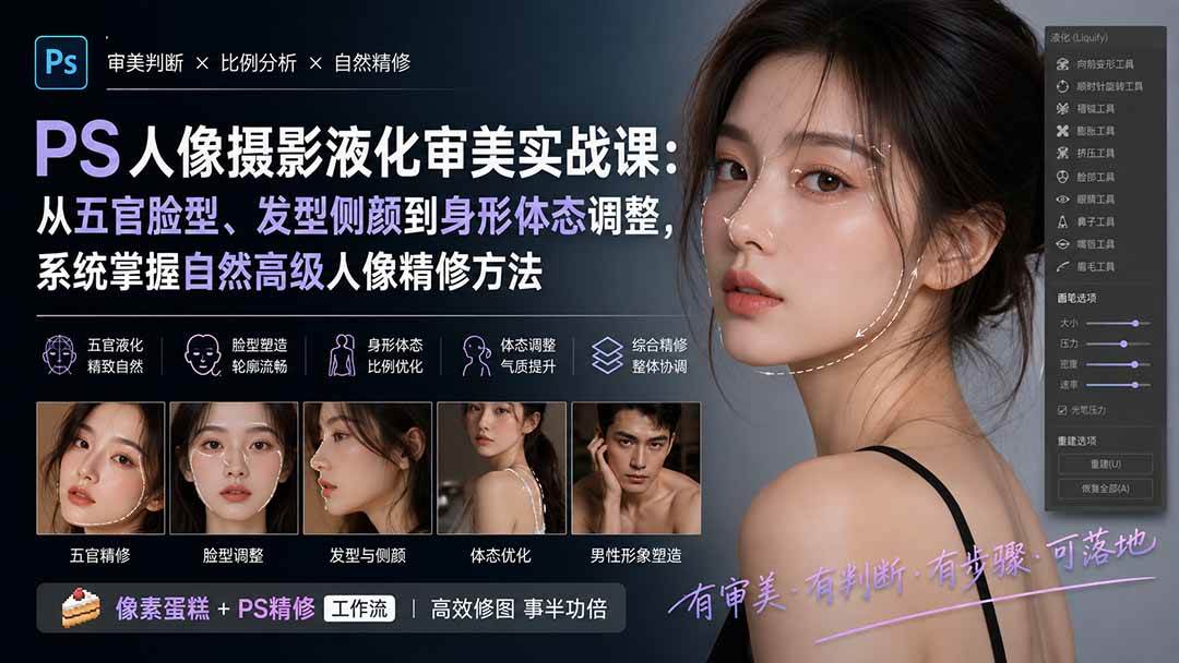 (20062期)PS人像摄影液化审美实战课:从五官脸型、发型侧颜到身形体态调整,系统掌握自然高级人像精修方法 (20062期)PS人像摄影液化审美实战课:从五官脸型、发型侧颜到身形体态调整,系统掌握自然高级人像精修方法
