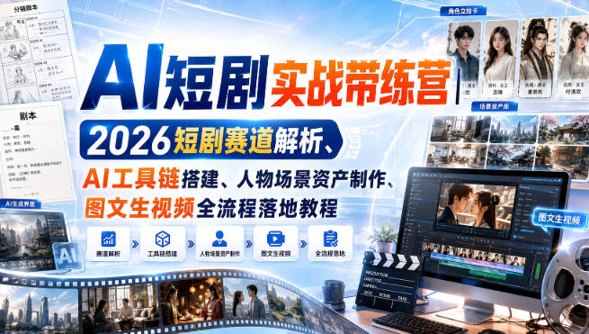 AI短剧实战带练营｜2026短剧赛道解析、AI工具链搭建、人物场景资产制作、图文生视频全流程落地教程-179创客网