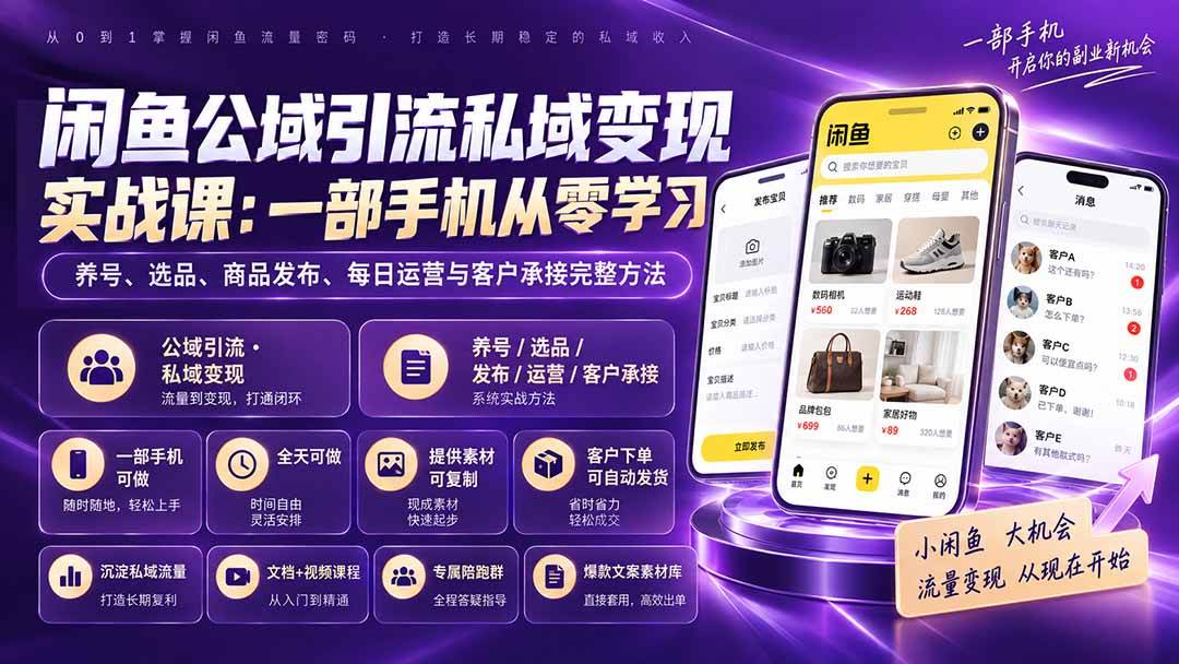 （20322期）闲鱼公域引流私域变现实战课：一部手机从零学习养号、选品、商品发布、每日运营与客户承接完整方法-179创客网