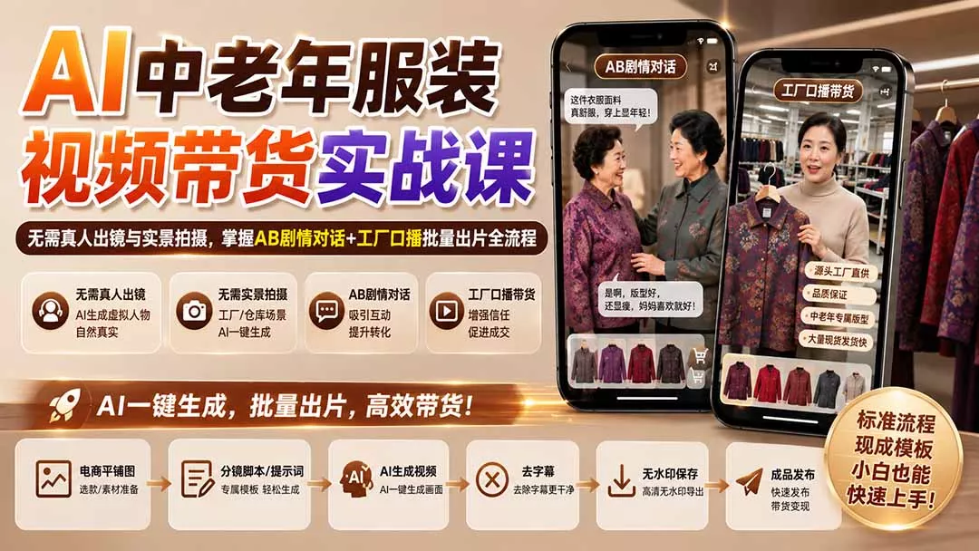 AI中老年服装视频带货实战课：无需真人出镜与实景拍摄，掌握AB剧情对话+工厂口播批量出片全流程-179创客网
