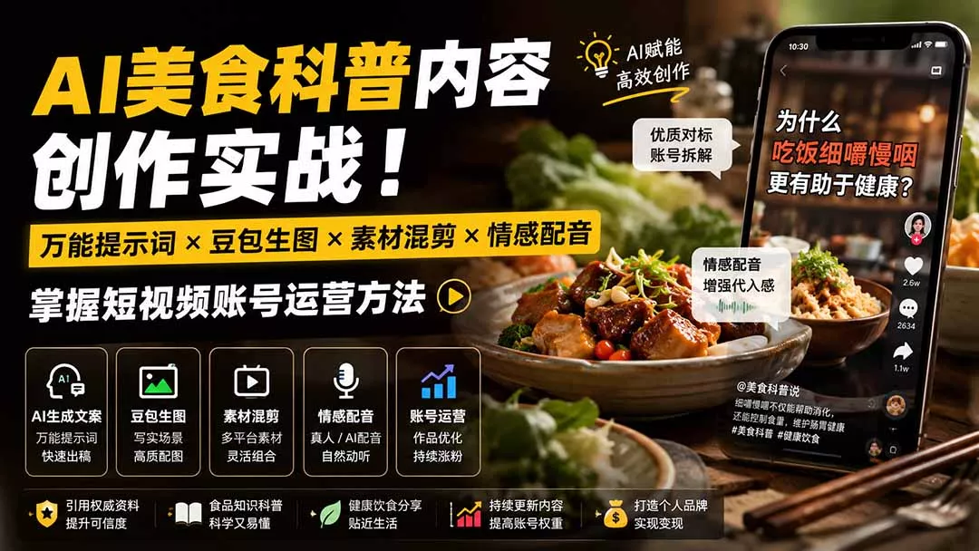 外面卖199元-AI美食科普内容创作实战！万能提示词×豆包生图×素材混剪×情感配音，掌握短视频账号运营方法-179创客网