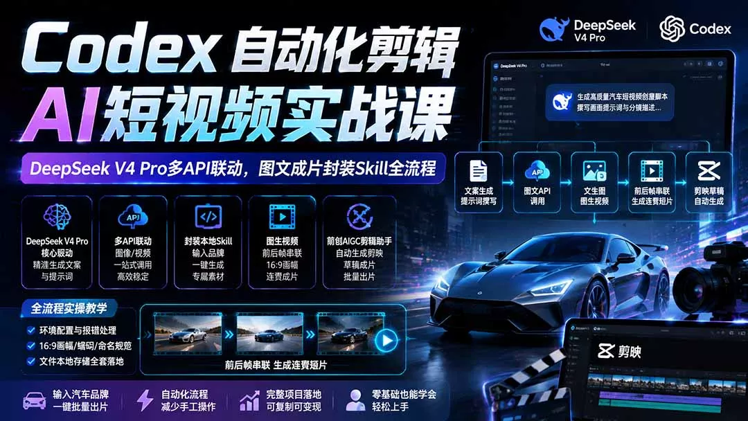 Codex自动化剪辑AI短视频实战课｜DeepSeek V4 Pro多API联动，图文成片封装Skill全流程-179创客网