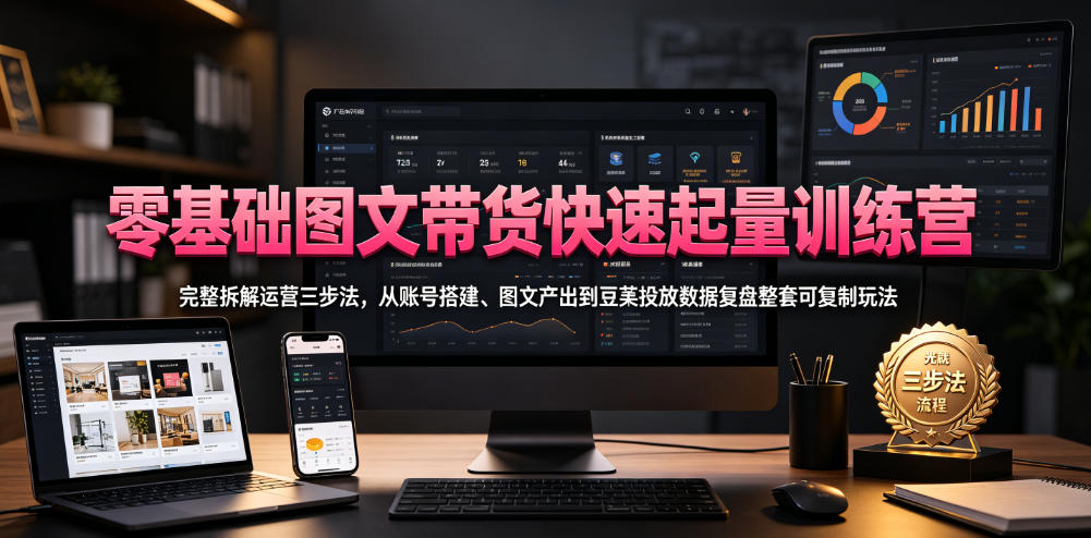 零基础图文带货快速起量训练营，完整拆解运营三步法，从账号搭建、图文产出到豆荚投放数据复盘整套可复制玩法-179创客网