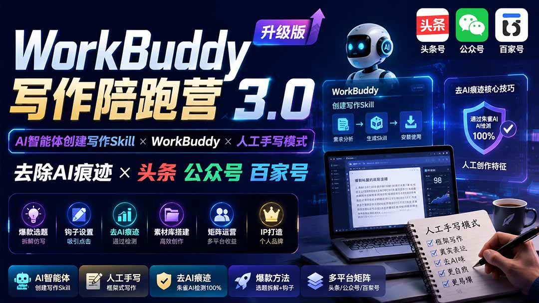 （20311期）WorkBuddy写作陪跑营3.0-更新：Ai智能体创建写作Skill×WorkBuddy×人工手写模式×去除AI痕迹×头条公众号百家号-179创客网