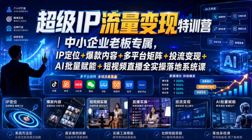 超级IP流量变现特训营｜中小企业老板专属，IP定位+爆款内容+多平台矩阵+投流变现+AI批量赋能+短视频直播全实操落地系统课-179创客网