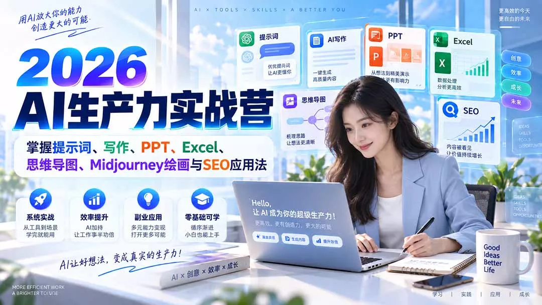 2026AI生产力实战营：掌握提示词、写作、PPT、Excel、思维导图、Midjourney绘画与SEO应用法-179创客网