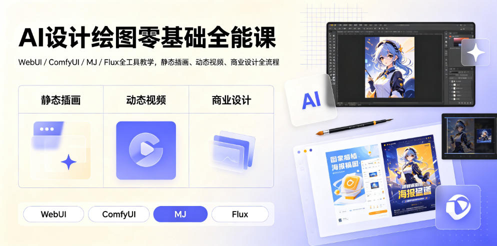 AI设计绘图零基础全能课｜WebUI/ComfyUI/MJ/Flux全工具教学，静态插画、动态视频、商业设计全流程-179创客网