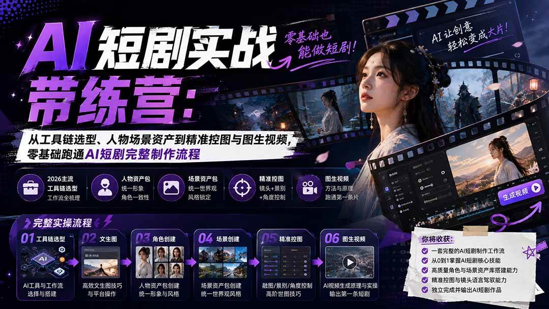 （20064期）AI短剧实战训练营：从工具链选型、人物场景资产到精准控图与图生视频，零基础跑通AI短剧完整制作流程-179创客网