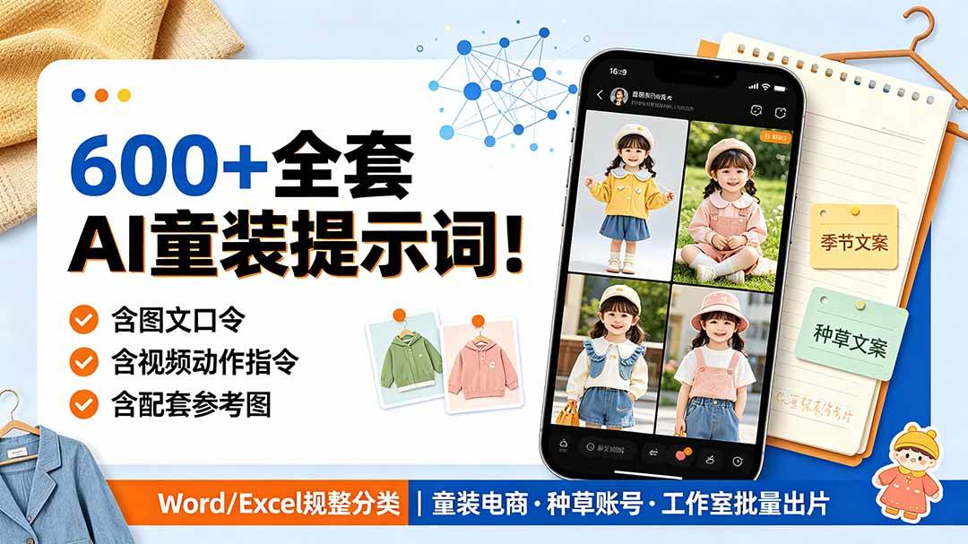 （19302期）600+全套AI童装提示词！含图文口令+视频动作指令+配套参考图，Word/Excel规整分类，童装电商、种草无脑量产内容-179创客网
