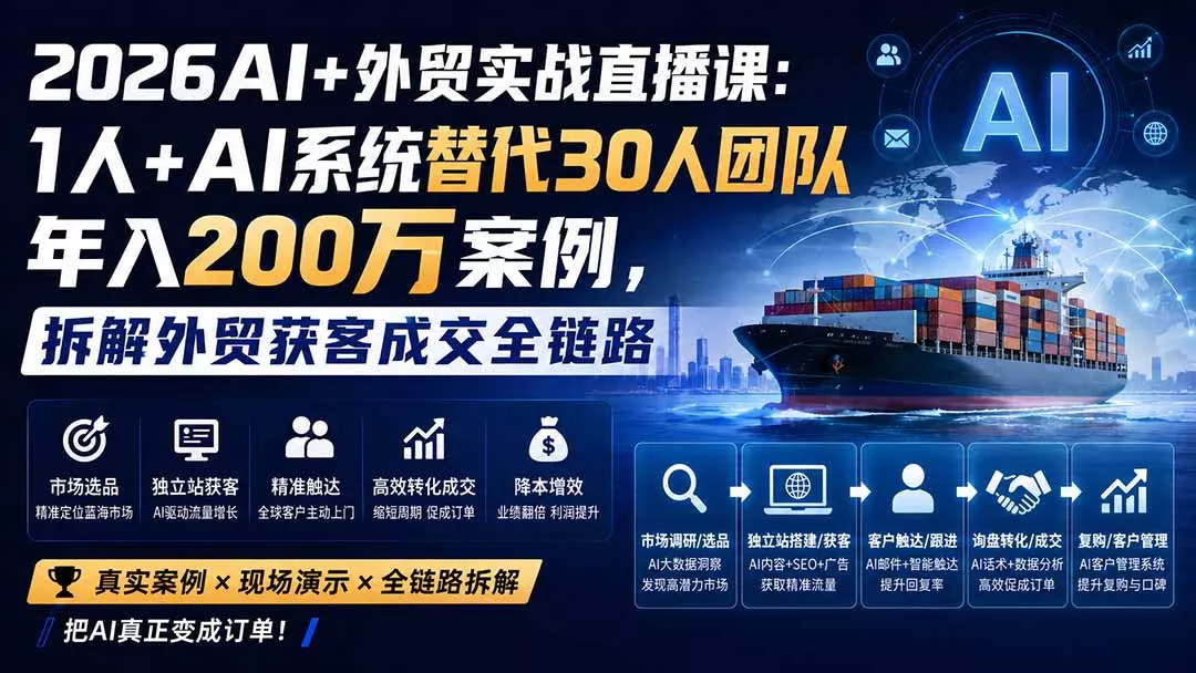 2026AI+外贸实战直播课：1人+AI系统替代30人团队年入200万案例，拆解外贸获客成交全链路-179创客网