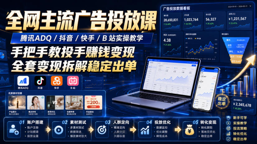 全网主流广告投放课，腾讯ADQ / 抖音 / 快手 / B 站实操教学，手把手教投手赚钱变现，全套变现拆解稳定出单-179创客网