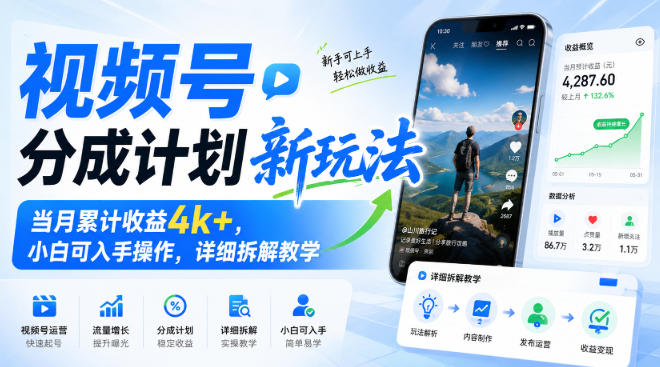 视频号分成计划新玩法，当月累计收益4k+，小白可入手操作，详细拆解教学-179创客网