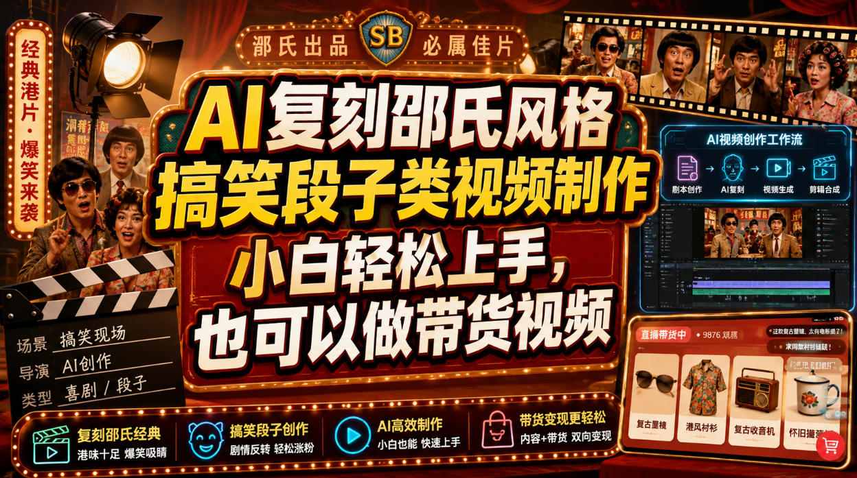 AI复刻邵氏风格搞笑段子类视频制作，小白轻松上手，也可以做带货视频-179创客网