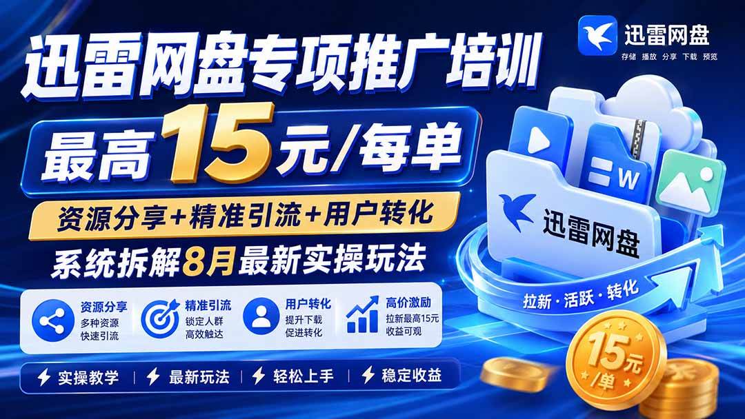（19960期）迅雷网盘专项推广培训-更新0818——最高15元/每单，资源分享+精准引流+用户转化，系统拆解最新实操玩法-179创客网