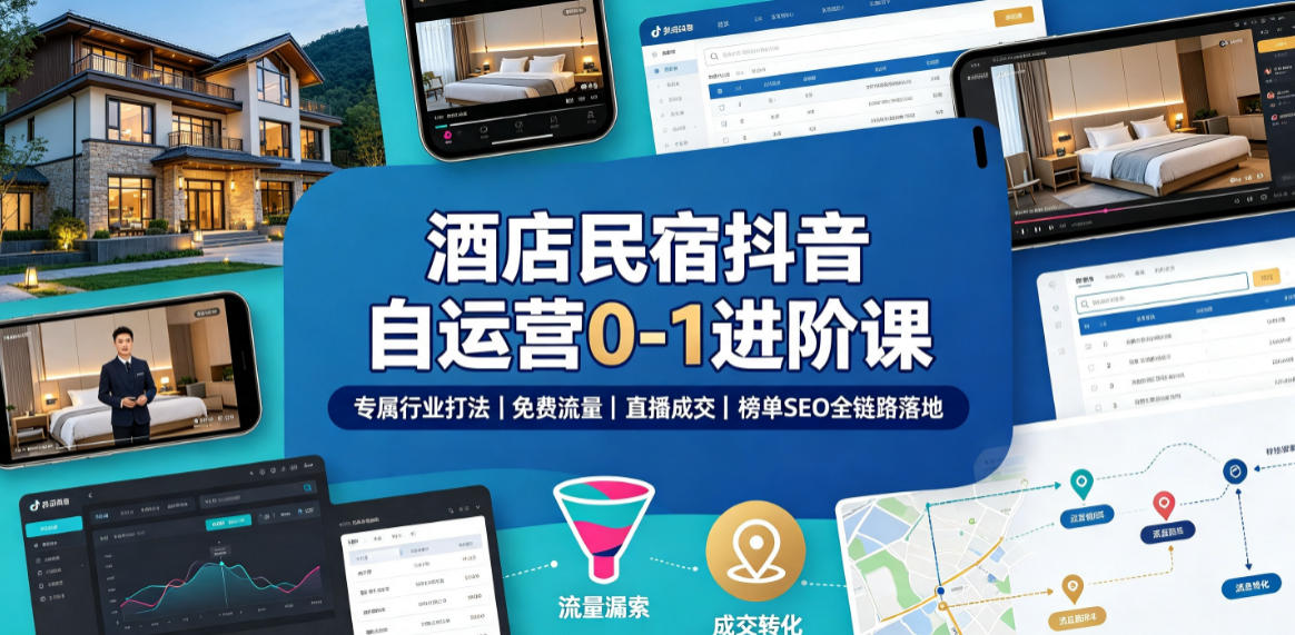 酒店民宿抖音自运营0-1进阶课｜专属行业打法、免费流量+直播成交+榜单SEO全链路落地-179创客网