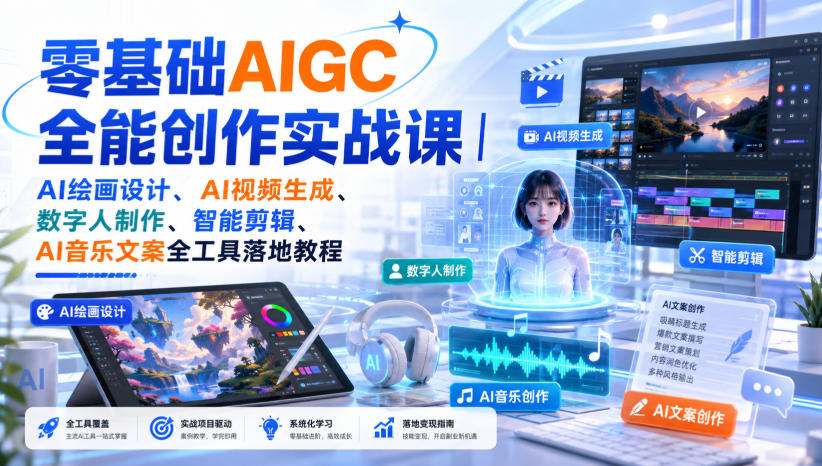 零基础AIGC全能创作实战课｜AI绘画设计、AI视频生成、数字人制作、智能剪辑、AI音乐文案全工具落地教程-179创客网