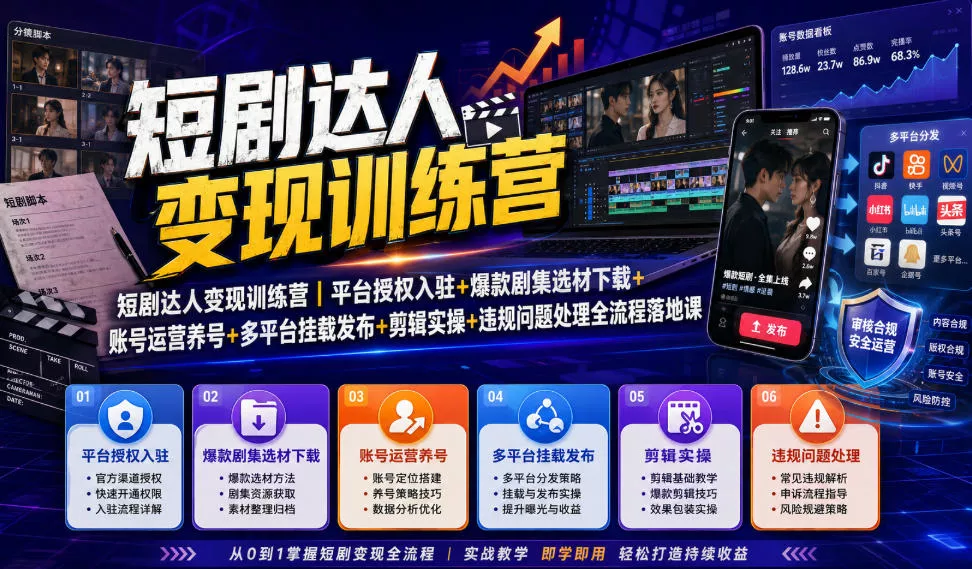 短剧达人变现训练营｜平台授权入驻+爆款剧集选材下载+账号运营养号+多平台挂载发布+剪辑实操+违规问题处理全流程落地课-179创客网