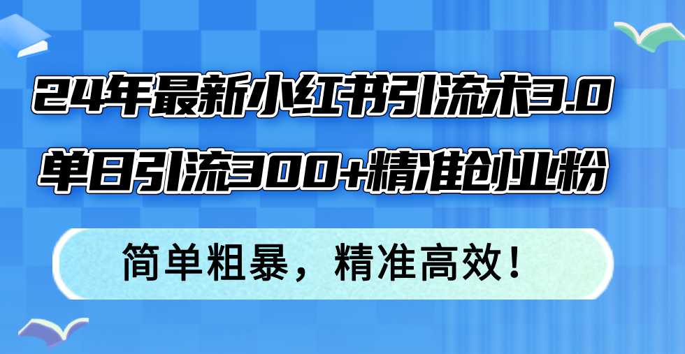 24年最新小红书引流术3.0，单日引流300+精准创业粉，简单粗暴，精准高效！-179创客网