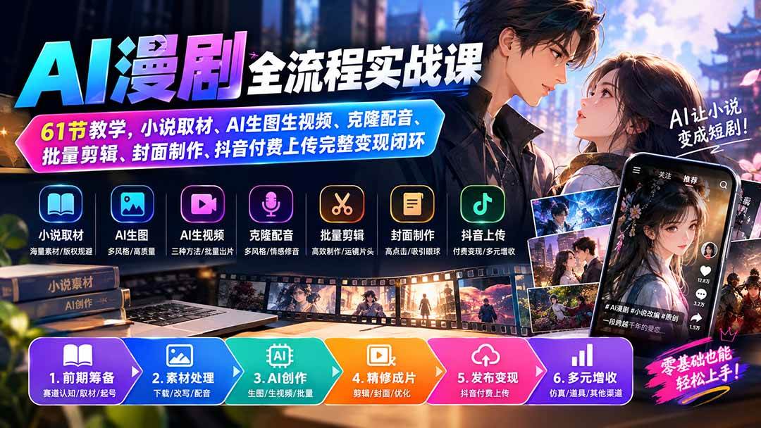 （20199期）AI漫剧全流程实战课｜61节教学，小说取材、AI生图生视频、克隆配音、批量剪辑、封面制作、抖音付费上传完整变现闭环-179创客网