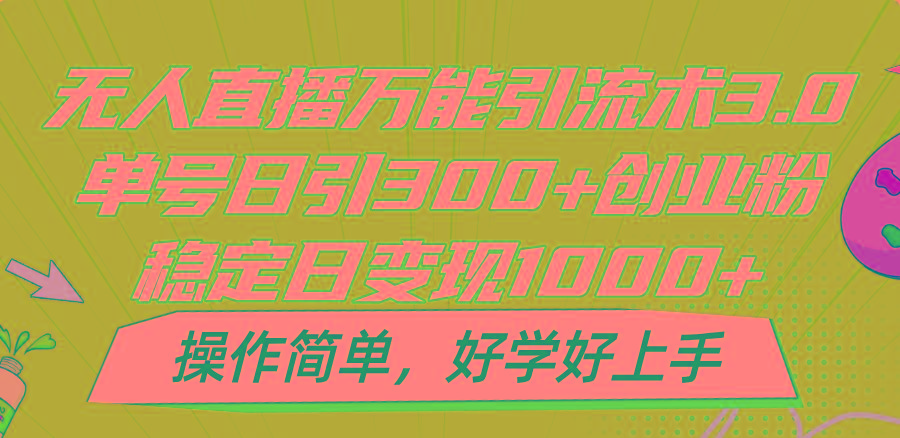无人直播万能引流术3.0，单号日引300+创业粉，稳定日变现1000+，操作简单-179创客网