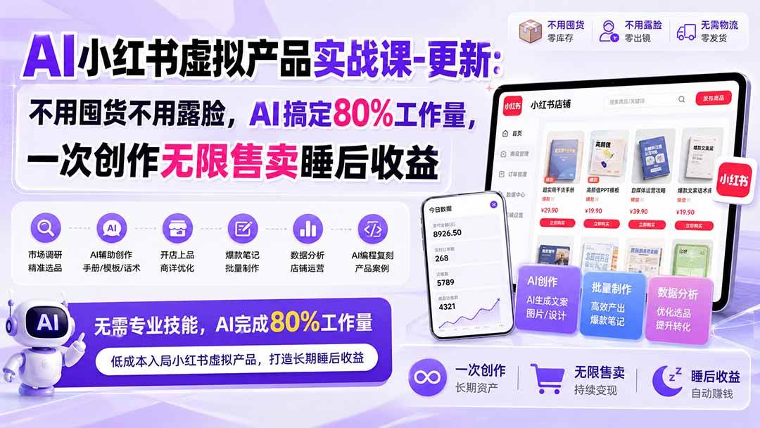 （20311期）AI小红书虚拟产品实战课-更新：不用囤货不用露脸，AI搞定80%工作量，一次创作无限售卖睡后收益-179创客网